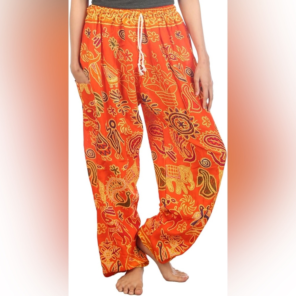 Orange Wide-Leg Elephant Printed Pants